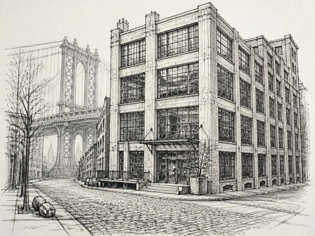Ink sketch of a DUMBO cobblestone loft building
