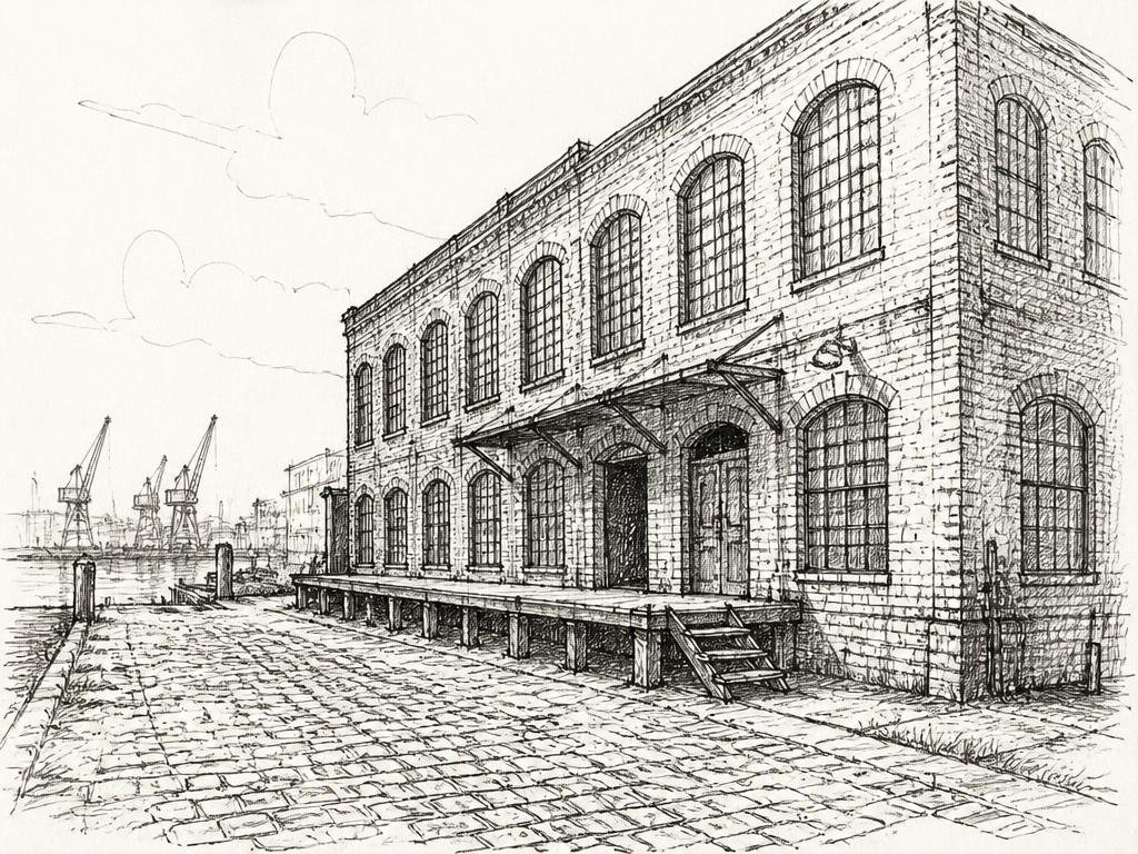 Ink sketch of a Red Hook waterfront warehouse