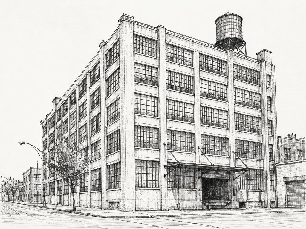 Ink sketch of a Sunset Park daylight factory